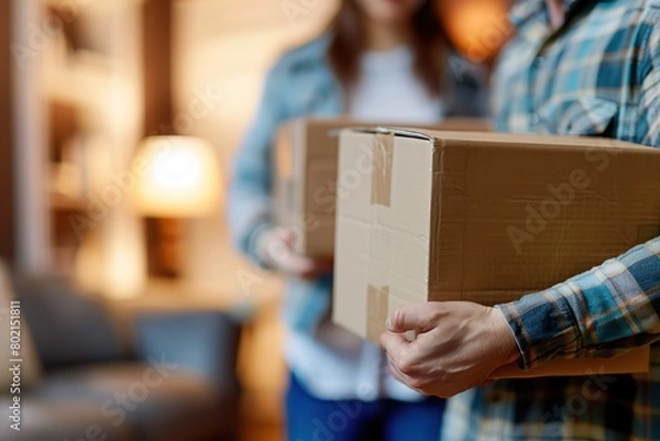 Fototapeta Man holding heavy cardboard boxes relocation, moving house or courier delivery. Young couple is having fun with cardboard boxes in new home at moving day. Mortgage Loan, Investment Concept. Relocation
