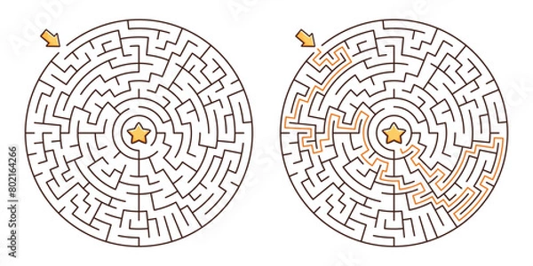 Fototapeta Maze  game for kids  with a solution. Circular labyrinth with a star in the center. 