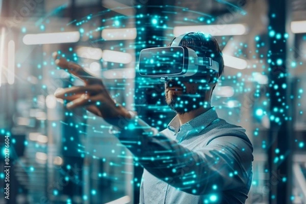 Fototapeta Startup executive hosting a virtual meeting in the metaverse. showcasing a new business strategy in a digital conference room.