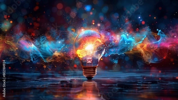 Fototapeta Creative colorful light bulb with a flying splash of paint on a dark blue background