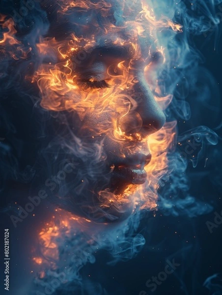 Fototapeta A captivating portrayal of a woman's face surrounded by intense flames and smoke, symbolizing power and mystery