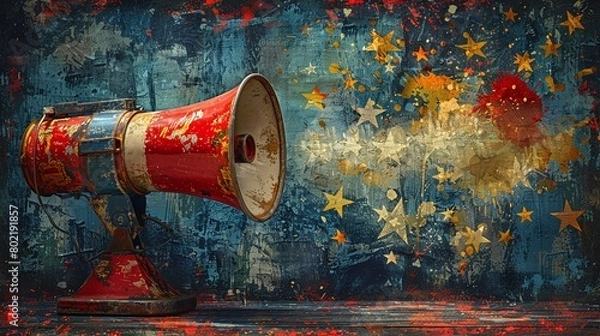 Fototapeta Hand gripping a megaphone ready for announcement . Concept Communication, Announcement, Loudspeaker, Public Speaking, Attention