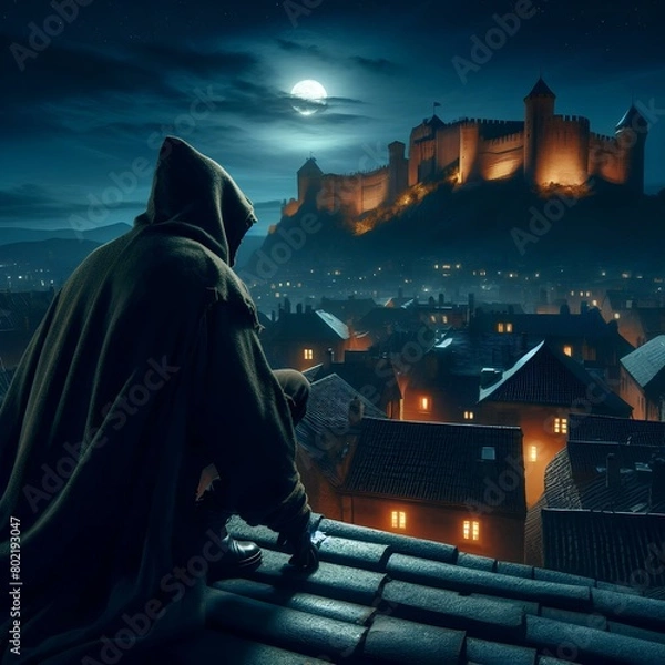 Obraz Medieval fantasy thief on rooftops at night looking over city and castle, AI