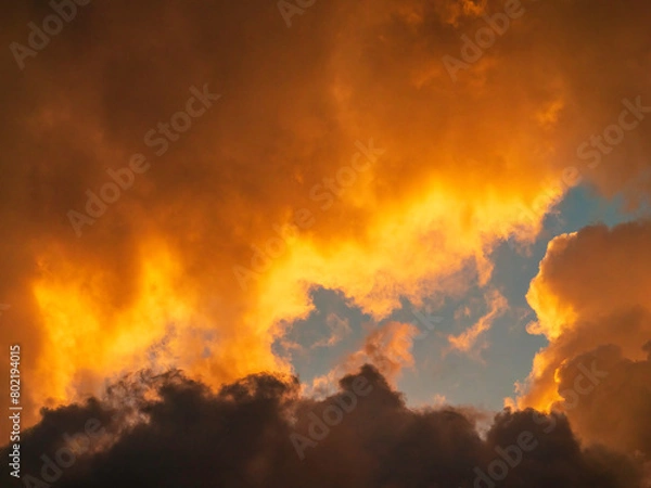 Fototapeta Several cumulus clouds obscuring most of blue sky during golden hour on an evening early in June, southwest Florida, for motifs of transition and disappearance