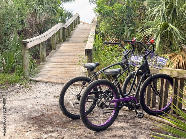 Obraz Two bicycles parked together by a beach access ramp on a barrier island in southwest Florida, for motifs of personal transportation and access, recreation, and lifestyle