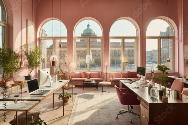 Fototapeta A Dusty Pink Administration Room with Vintage Wooden Furniture, Framed Certificates on the Wall, and a Large Window Overlooking the City