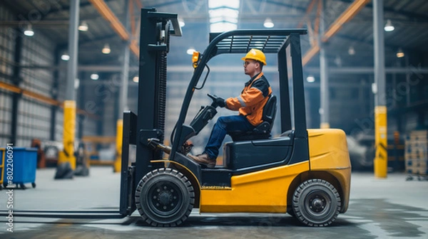 Fototapeta Forklift operator working in a large industrial warehouse