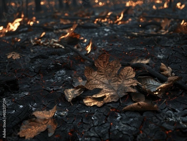 Fototapeta Exploring fire's impact on foliage, magnifying charred leaves and twigs through a macro lens for research purposes.