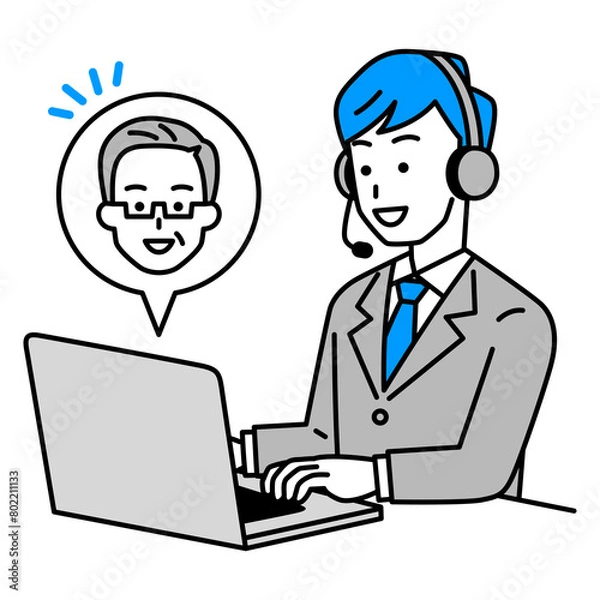 Fototapeta 老人と会話をするノートパソコンで仕事をするオペレーターの男性