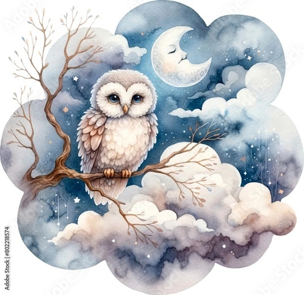 Fototapeta Owl on a branch in a cloud shape