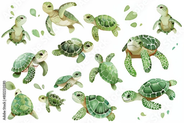 Fototapeta A collection of cute watercolor turtles on a white background. Stickers for a children's album