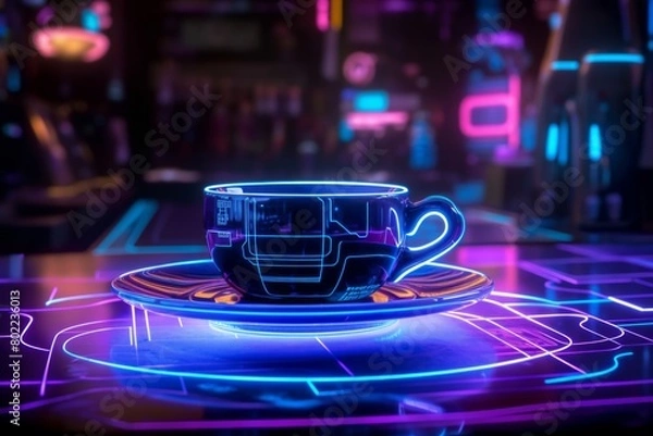 Fototapeta A stylish coffee cup rests gracefully on a saucer, blending cyberpunk vibes with a touch of Star Wars inspiration. Generative AI