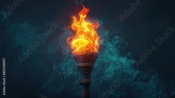Fototapeta Wooden torch flame. 3D medieval fire lamp. Design element depicting combustion.
