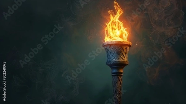 Fototapeta Wooden torch flame. 3D medieval fire lamp. Design element depicting combustion.
