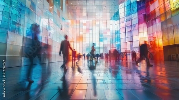 Fototapeta Stained glass illusion of blurred business people walking at a modern trade fair office or conference, created with a mosaic window and dynamic motion blur
