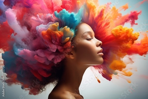Fototapeta Colorful clouds of paint bursting from a woman's head, symbolizing creativity and the power of imagination