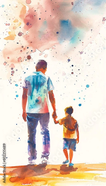 Fototapeta Happy father and son colorful illustration in watercolor effect - ai generative
