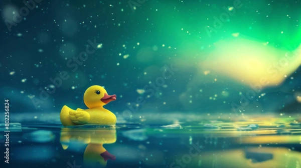 Fototapeta Yellow rubber duck floating in tranquil night water