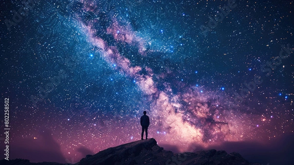Obraz A person stands on a hill looking up at the night sky