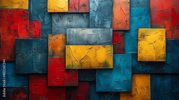 Fototapeta Dive into a world of minimalist art with a color block patchwork featuring large, solid-colored blocks fitted together like pieces of a puzzle.