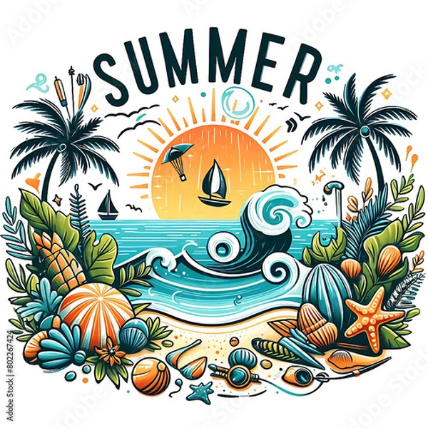 Fototapeta Hello summer typography sales illustration design with the decoration of plants, sun, sunglasses,  fruits, and a beach vibe