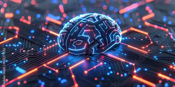 Fototapeta Neural circuit and electronic cyber brain in a quantum computing system, concept of artificial intelligence technology, biotechnology innovation, robot progress and machine learning
