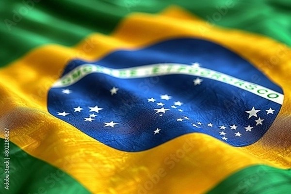 Fototapeta Close-up image highlights the details of the Brazilian flag's texture and colors, symbolizing pride