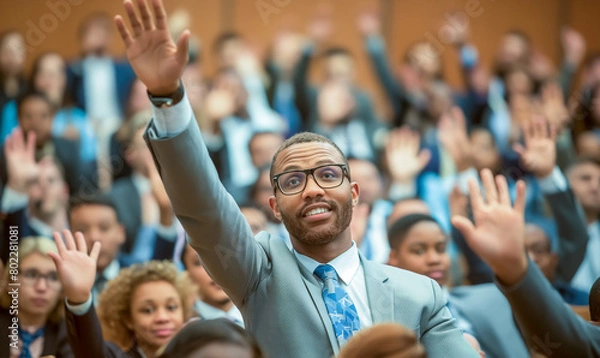 Fototapeta Businessman Raising Hand in Seminar Crowd