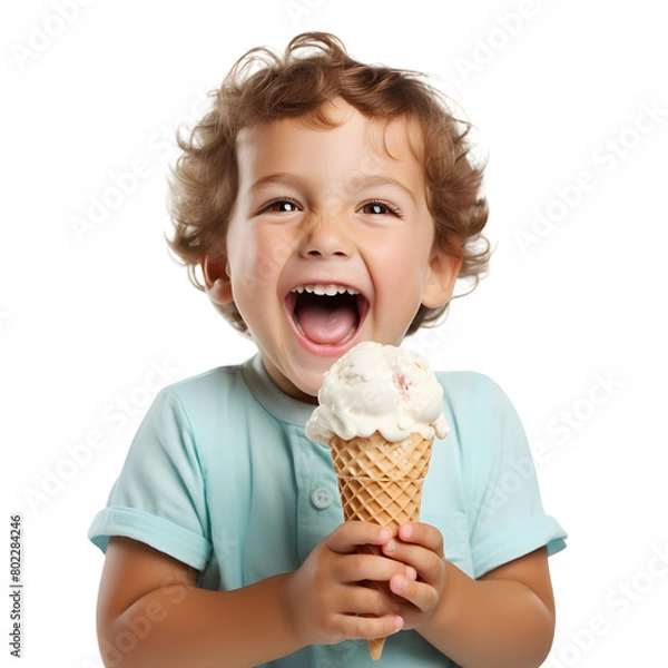 Obraz A kid eating a cone ice cream with very happy laughing face looking into the camera