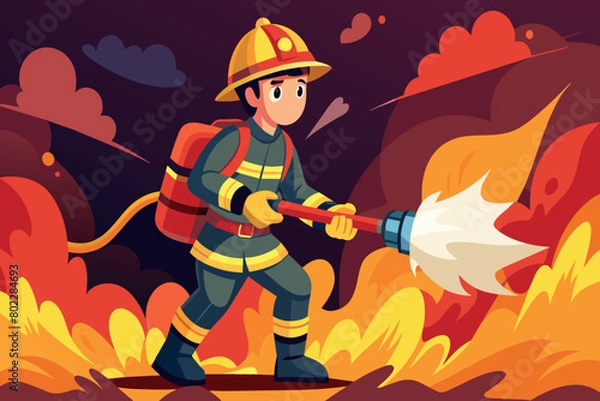 Fototapeta A firefighter is spraying water on a fire