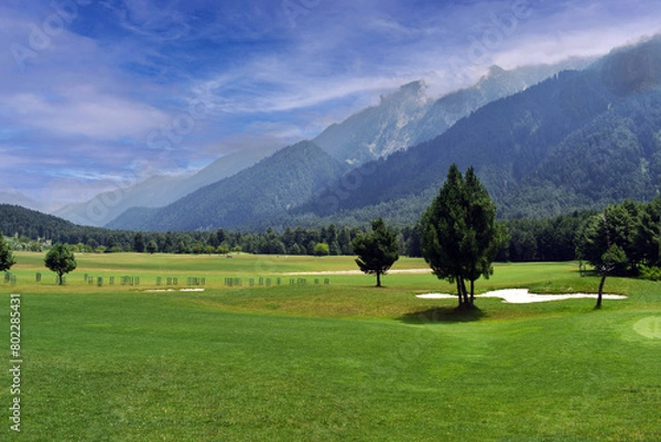 Fototapeta A beautiful view of lush green golf course surrounded by beautiful hills with pine trees at Pahalgam Kashmir India.