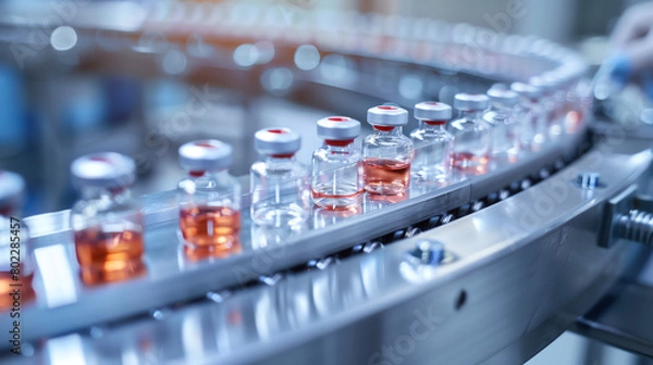 Fototapeta Manufacturing process of vaccine vials on an assembly line in a laboratory during the day