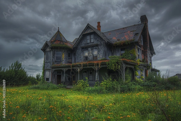 Fototapeta cursed house, horror, dark and overcast weather, photography