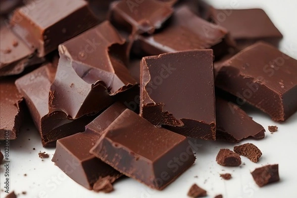 Fototapeta Heap of broken chocolate pieces, close up
