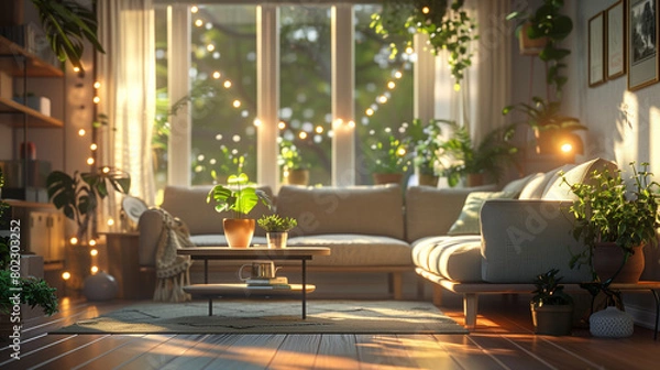 Fototapeta Cozy lounge space with soft seating and greenery