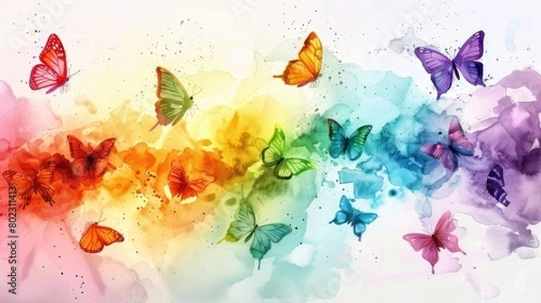 Fototapeta Bright and airy watercolor depiction of a spring butterfly migration, showcasing a spectrum of colorful wings against a pastel backdrop,