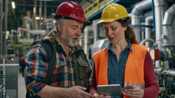 Fototapeta Engineers Discussing Work on Tablet