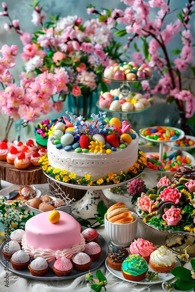 Fototapeta Beautiful Easter cake and eggs on the table. Selective focus.