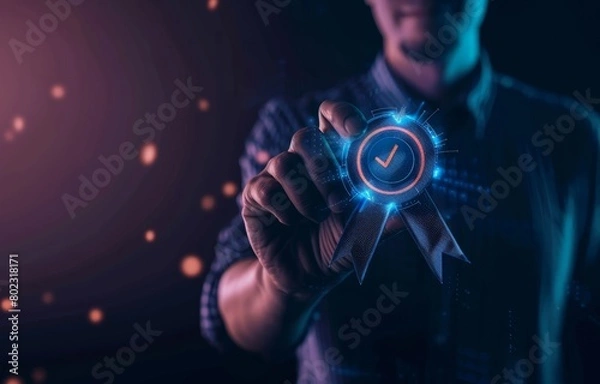 Fototapeta Approval and Achievement with Virtual Award, Man Holding Digital Ribbon for Quality Assurance, Futuristic Recognition in Technology