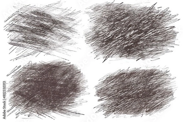 Fototapeta Charcoal scribble drawings in various styles, isolated on a white background, closeup detail.
