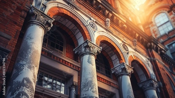 Fototapeta Historic hospital facade, intricate architecture, golden hour light, close up, majestic aura