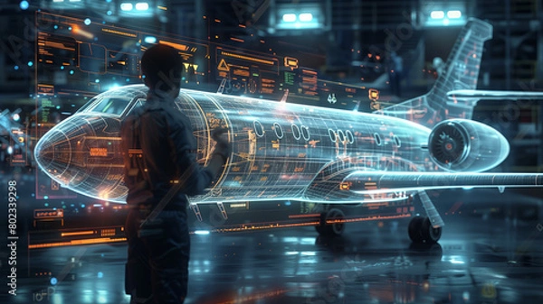 Fototapeta Engineer visualizes holographic airplane design amidst floating blueprints and digital screens, showcasing futuristic high-tech innovation.