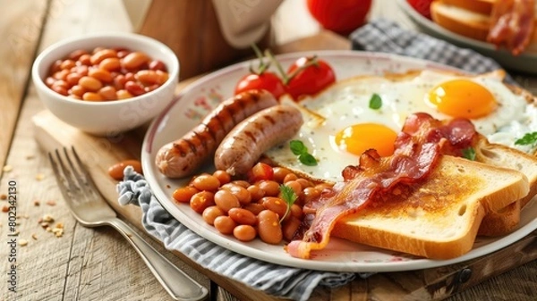 Fototapeta A hearty English breakfast with eggs, bacon, sausages, and beans.
