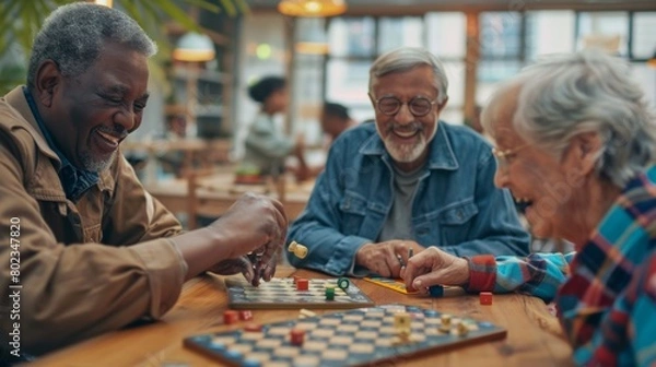 Fototapeta Group of seniors playing board games and socializing at a community center