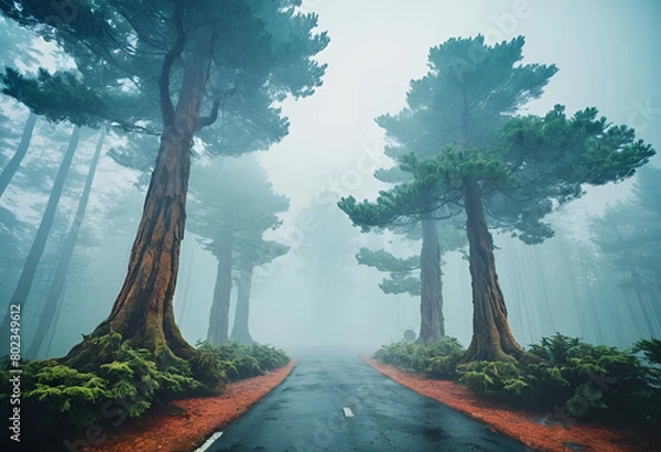 Obraz The dramatic view on the road and wall fir-tree forest against the blue sky in the fog for creative background. 2D illustration