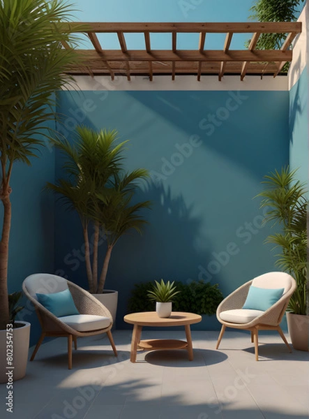Fototapeta Simple interior courtyard. Coffee table and two armchairs. Tall tropical indoor plants and bushes behind the coffee table and chairs. Blue pastel color walls. 3D render style.