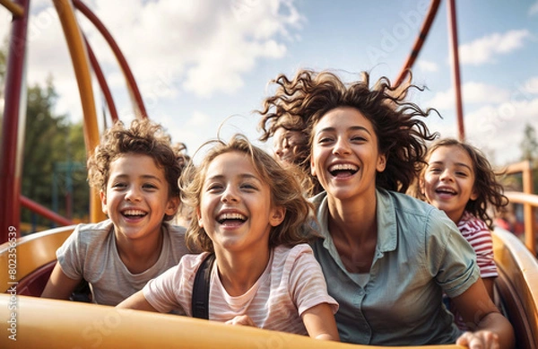 Fototapeta A family of four or mother with son and daughters are riding a roller coaster and laughing