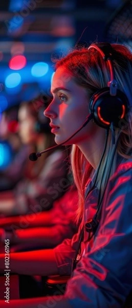 Fototapeta A woman wearing a headset is sitting in front of a computer