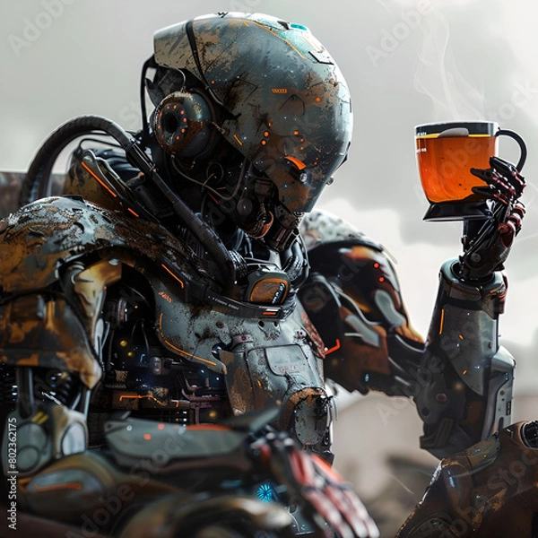 Fototapeta robot drinks tea