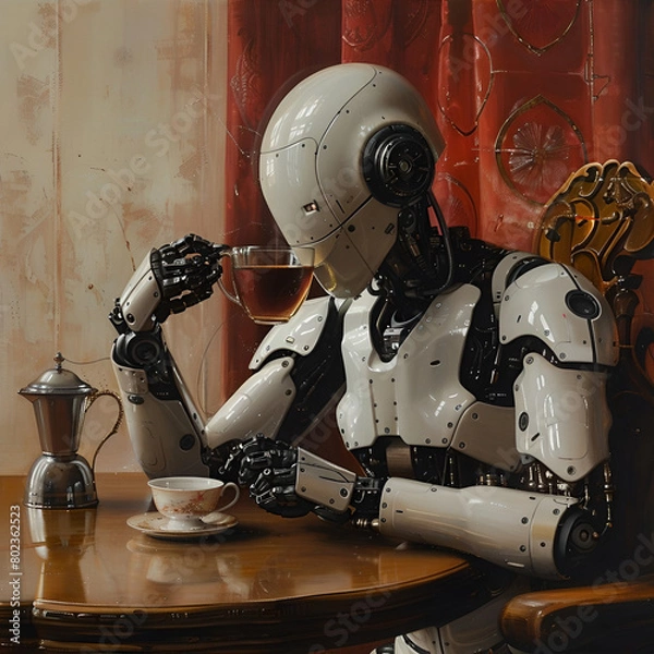 Fototapeta robot drinks tea